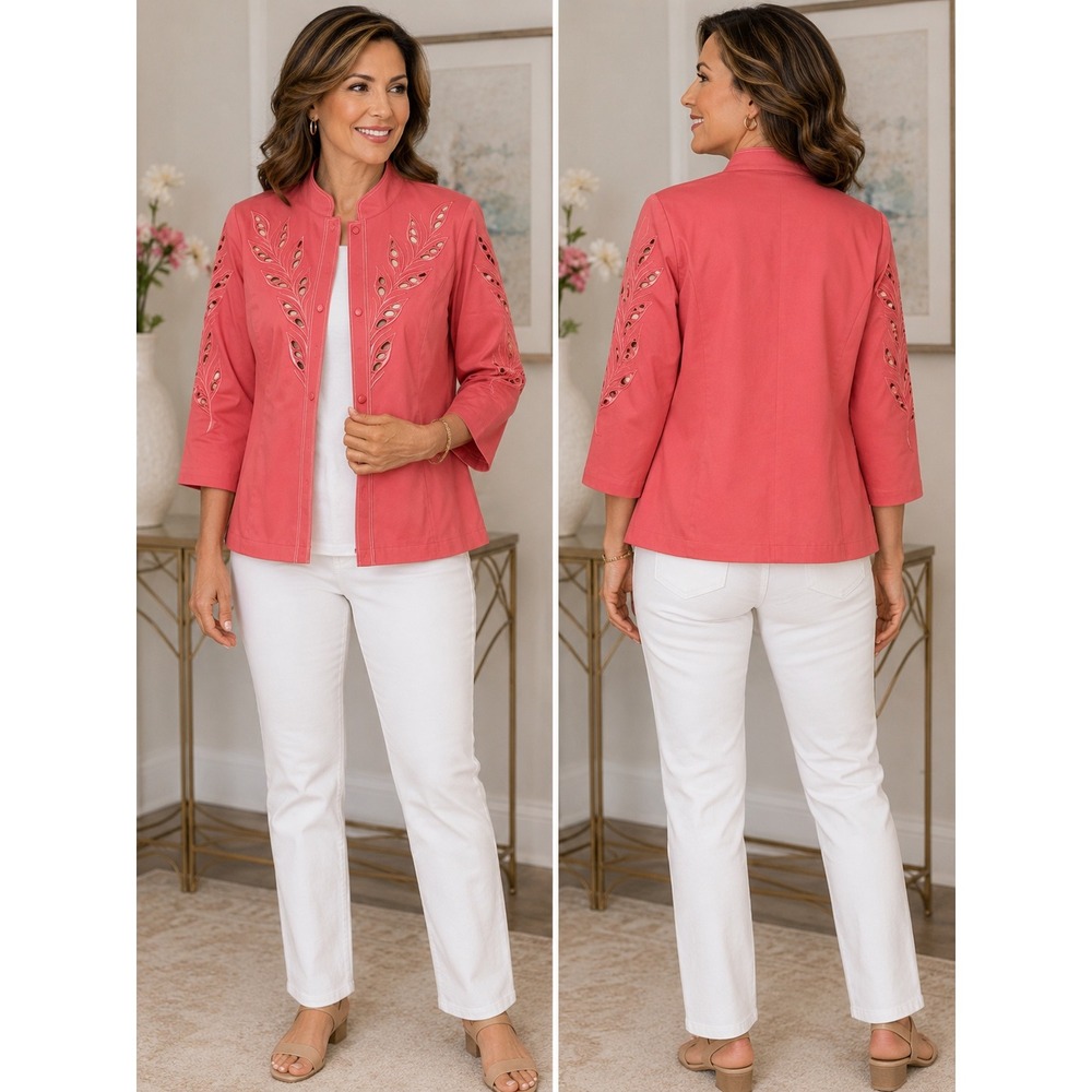 Bob Mackie Wearable Art Coral Pink Eyelet Embroidered Jacket Mock Neck A214894 S